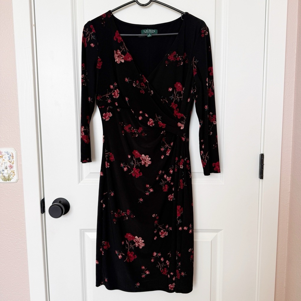 Lauren Ralph Lauren Womens Dark Floral Midi Dress Size 8 Ruched Stretch Comfort